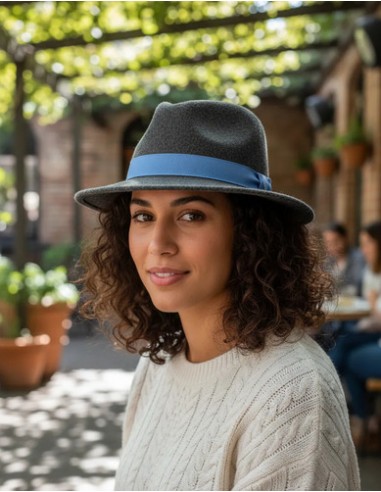 Sombrero Fedora Gris Cinta Celeste...