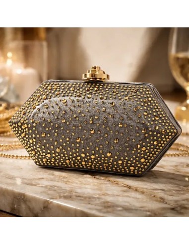 Clutch Gris Con Strass Dorado...