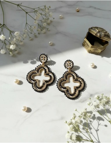 Aros Dorados Con Perlas Negras Trébol...