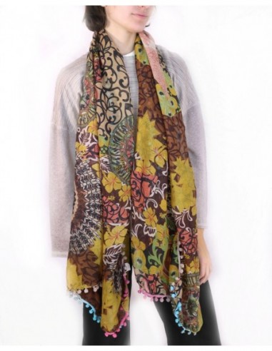 PASHMINA ESTAMPADA BORDES CON BOLITAS...