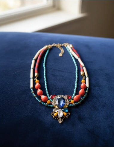 Collar Corto De Piedras Rojo Azul...