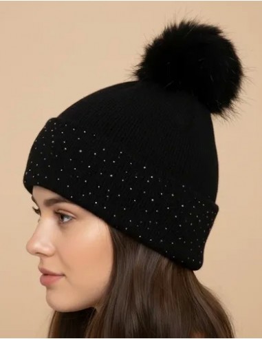 Gorro Pompon Negro Tejido Con Strass...