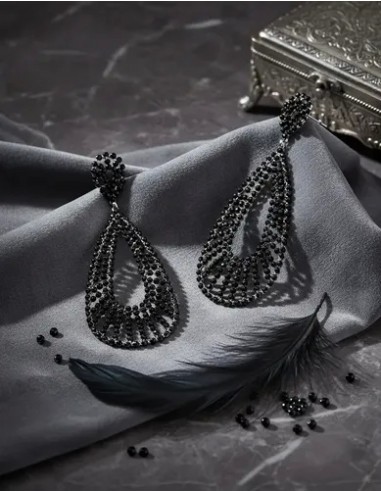 Aros Largos Ovalo Negro Strass...