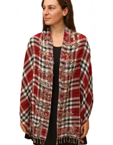Pashmina Bordada A Cuadros Pura Lana...