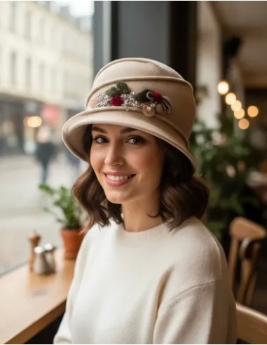 Sombrero Beige Cloche Pura Lana...