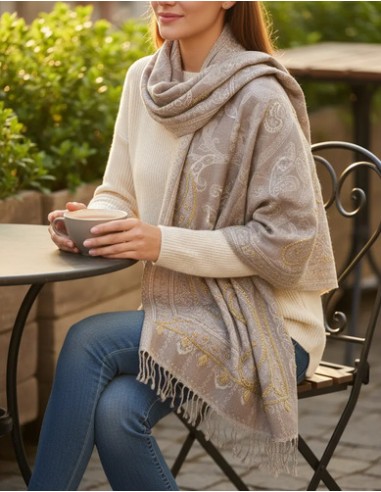Pashmina Pura Lana Bordada Beige Nude...