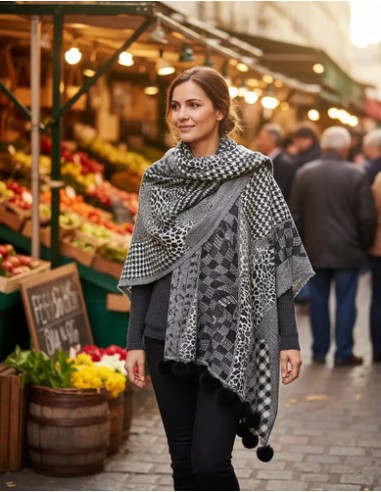 Pashmina Pura Lana Atigrada Negra Con...