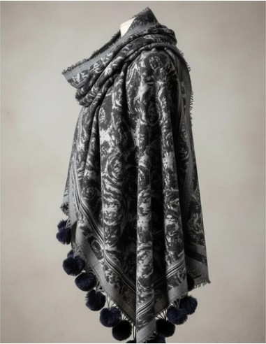 Pashmina Pura Lana Floreado Negra Con...