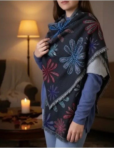 Pashmina Pura Lana Gris Bordada...