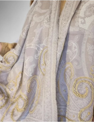 Pashmina Pura Lana Gris Bordada...