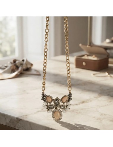 Collar Metal Dorado Piedras Gotas Rosa
