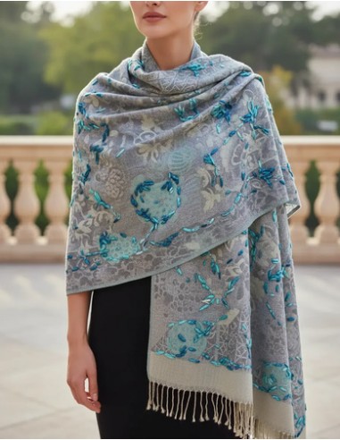 Pashmina Floreada Pura Lana Bordada...